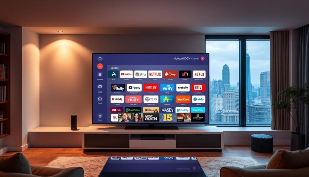A high-tech home entertainment system displaying a sleek 4K ultra-high-definition IPTV interface, showcasing a vast selection of premium live channels from the Hoxtoon Provider. The screen is surrounded by a minimalist, modern entertainment center in a cozy, well-lit living room setting. Soft, diffused lighting from concealed sources creates a warm, inviting atmosphere. The interface features bold, intuitive icons and a clean, visually appealing layout, hinting at the seamless user experience. In the background, a large window overlooks a bustling city skyline, emphasizing the evolution from traditional cable TV to the convenience and versatility of the next-generation Hoxtoon IPTV system.