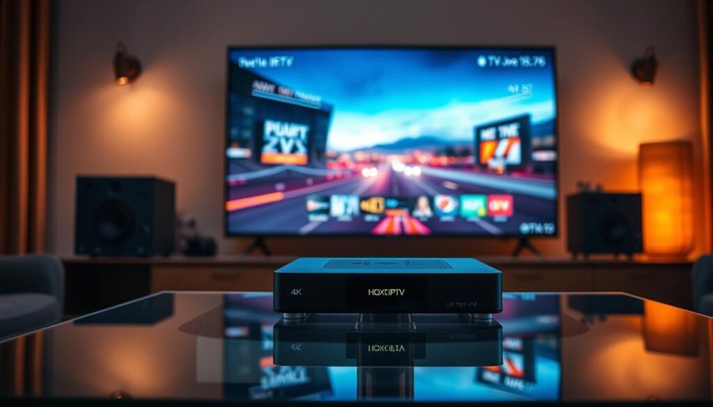 A high-tech home entertainment system with a sleek, modern IPTV set-top box by Hoxtoon Provider prominently displayed on a glass table. The box projects a 4K live TV stream onto a large, high-definition screen, showcasing crystal-clear visuals and vibrant colors. Soft, ambient lighting illuminates the scene, creating a cozy and immersive atmosphere. In the background, subtle technological elements like circuit boards and data cables hint at the sophisticated infrastructure powering the seamless IPTV experience. The overall composition highlights the evolution of television, transitioning from traditional cable to the future of on-demand, high-quality IPTV streaming.