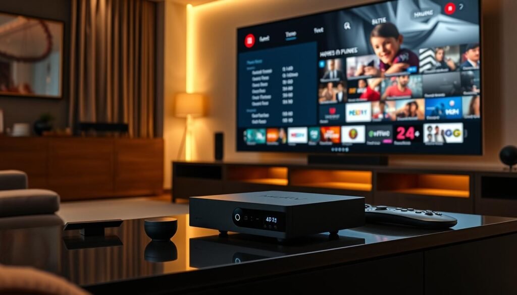 A high-tech home theater setup featuring a sleek 4K IPTV streaming device from the Hoxtoon Provider. The device is positioned prominently on a modern entertainment center, surrounded by advanced peripherals like voice remotes and smart home controllers. Elegant lighting illuminates the scene, casting a warm glow on the premium materials. The expansive screen displays a dynamic, full-featured electronic program guide (EPG) with detailed channel listings and upcoming show information. The overall aesthetic conveys the cutting-edge technology and seamless viewing experience of 4K IPTV with live EPG support.