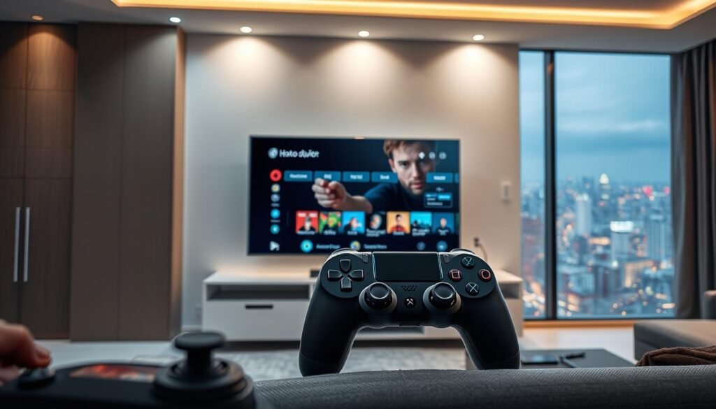 A high-tech living room scene featuring an Android TV device prominently displayed, displaying the Hoxtoon Provider IPTV4K live streaming interface. The TV is set against a sleek, minimalist wall unit, with modern lighting fixtures casting a warm glow. In the foreground, a state-of-the-art wireless gamepad is visible, hinting at the seamless integration of gaming and entertainment. The middle ground showcases a neatly organized media cabinet, complementing the overall sophisticated and streamlined aesthetic. The background depicts a large window offering a panoramic view of a vibrant cityscape, emphasizing the connection between the digital world and the real one. The entire scene exudes a sense of technological refinement and immersive, limitless entertainment.