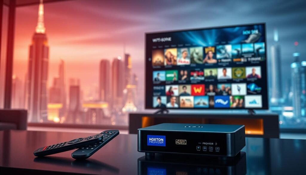 A high-tech scene showcasing the evolution of IPTV technology. In the foreground, a Hoxtoon Provider set-top box displays a vivid 4K live stream. Beside it, a sleek remote control and a smartphone with a streaming app interface. In the middle ground, an LED-backlit smart TV displays a diverse array of on-demand content. In the background, a futuristic cityscape with skyscrapers and glowing techno-aesthetic elements. The scene is bathed in a cool, futuristic lighting scheme, emphasizing the cutting-edge nature of modern IPTV entertainment.