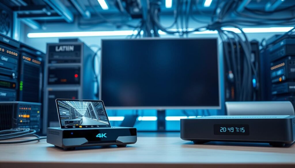 A high-tech, secure 4K IPTV set-up with sleek futuristic equipment and intuitive UI. In the foreground, a cutting-edge Hoxtoon Provider media streamer with a crisp display showcasing live 4K video. In the middle ground, a modern smart TV with a minimalist design, displaying stunning 4K resolution. In the background, a complex network of servers, routers and cables, representing the robust infrastructure powering the secure IPTV service. Soft blue lighting illuminates the scene, conveying a sense of technological sophistication and reliability. The overall atmosphere is one of advanced, yet user-friendly, 4K IPTV technology.