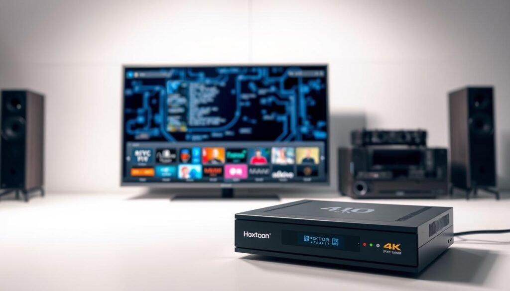 A high-tech setup with sleek, modern equipment against a clean, minimalist backdrop. In the foreground, a Hoxtoon Provider streaming device with a modern, uncluttered design, showcasing its 4K capabilities. Behind it, a high-end 4K television displaying a vibrant, detailed image. In the background, a subtle grid pattern or technical diagram, hinting at the complex infrastructure required for 4K IPTV streaming. Soft, directional lighting illuminates the scene, creating depth and highlighting the premium, professional-grade hardware. The overall tone is one of technological sophistication, efficiency, and the seamless integration of advanced streaming capabilities.