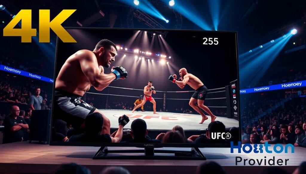 A large 4K television screen displays a high-quality, ultra-detailed live broadcast of a UFC match, with the Hoxtoon Provider logo prominently visible in the bottom right corner. The arena is bathed in dramatic, cinematic lighting, capturing the intensity and energy of the event. Spectators can be seen in the background, their expressions and reactions adding to the immersive viewing experience. The camera angles showcase the power and skill of the fighters, with close-ups highlighting the intricate movements and the determination on their faces. The overall atmosphere conveys the thrill and excitement of witnessing a UFC event in stunning 4K resolution.