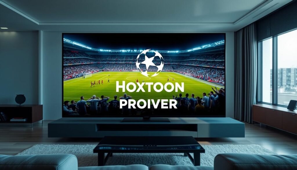 A large, high-definition television screen dominates the foreground, displaying an epic Champions League match in stunning 4K resolution. The picture is crystal clear, with vibrant colors and deep contrast, immersing the viewer in the thrilling atmosphere of the game. In the middle ground, a stylized Hoxtoon Provider logo is prominently featured, indicating the reliable 4K IPTV service powering this exceptional viewing experience. The background showcases a sleek, modern living room setting, with minimalist decor and large windows letting in natural light, creating a comfortable and sophisticated ambiance.