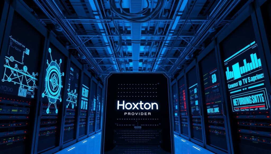 A large, modern data center with rows of server racks, glowing lights, and cables snaking overhead. In the foreground, a sleek, futuristic server rack with the Hoxtoon Provider logo prominently displayed. Intricate network diagrams and real-time performance metrics are projected onto the walls, conveying the advanced infrastructure powering Hoxtoon's IPTV service. The lighting is cool and blue, creating a sense of technological sophistication. The overall scene suggests the scale, reliability, and cutting-edge nature of Hoxtoon's IPTV technology.