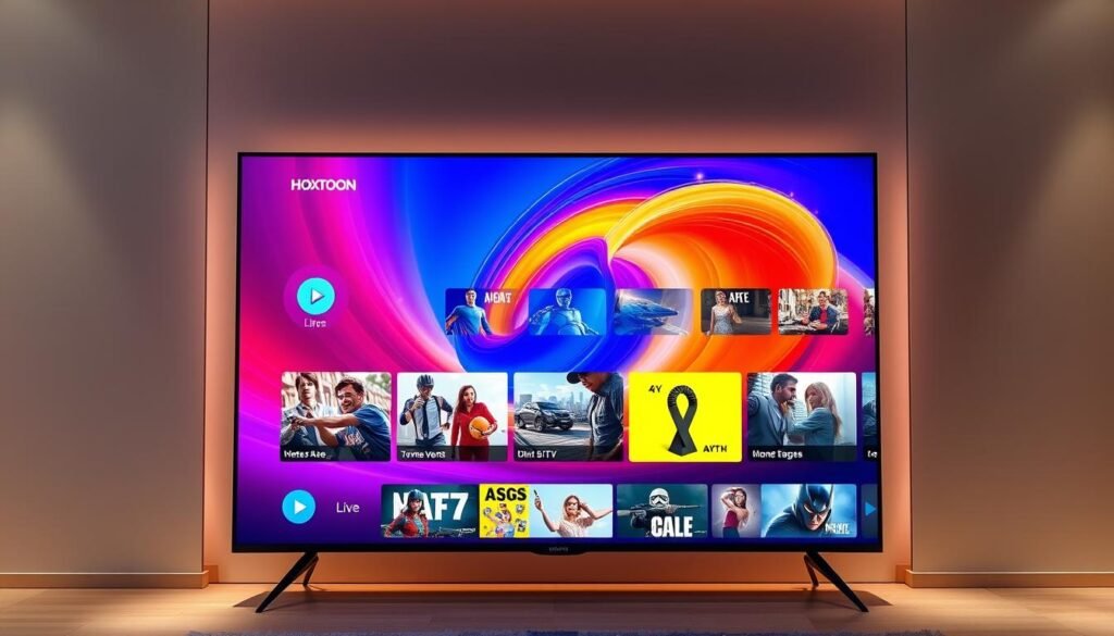 A large, ultra-high-definition 4K television screen displaying a vibrant, dynamic 4K IPTV streaming interface. The Hoxtoon Provider logo prominently featured in the top left corner. Sleek, modern home entertainment setup with a minimalist, high-tech aesthetic. Soft, diffused lighting illuminates the scene, creating a warm, inviting atmosphere. The screen shows a diverse array of live 4K content, highlighting the multi-device streaming capabilities of the 4K IPTV system. Crisp, detailed graphics and smooth, seamless video playback demonstrate the superior quality of the 4K IPTV experience.