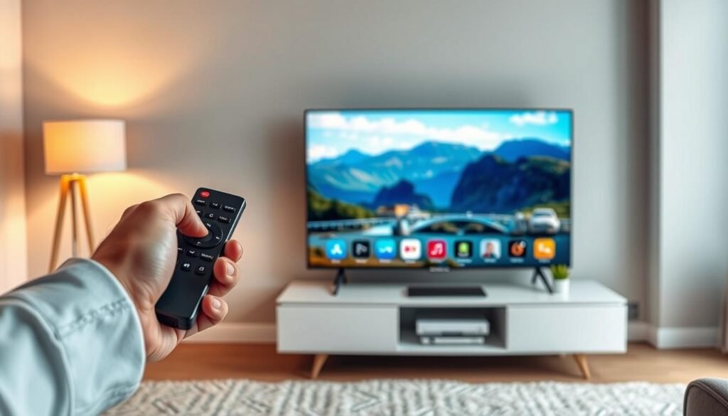 A live TV streaming service with the "Hoxtoon Provider" brand, featuring a well-designed interface and a reliable 4K resolution. In the foreground, a hand holds a remote control, highlighting the ease of access to high-quality content. The middle ground showcases a smart TV displaying a clear, vibrant image of a nature documentary. In the background, a sleek, modern living room setup with minimalist decor sets the tone for a seamless and immersive viewing experience. Soft, warm lighting from a floor lamp creates a cozy atmosphere, while the overall composition conveys a sense of trust, comfort, and dependability in the IPTV service.