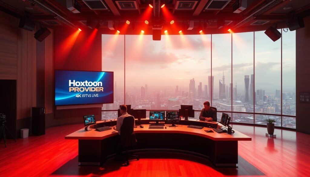 A live event streaming studio, bathed in warm hues and crisp lighting. In the foreground, a large, high-resolution screen displays the "Hoxtoon Provider" brand, showcasing vivid 4K IPTV live broadcasts. The middle ground features a modern control desk with a sleek, minimalist design, manned by a team of tech-savvy operators. In the background, a panoramic view of a futuristic city skyline, hinting at the global reach and scalability of the IPTV service. The overall atmosphere conveys a sense of professionalism, innovation, and the evolution of live event streaming technology.