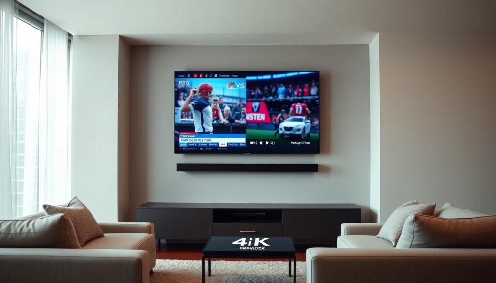 A living room scene with a modern 4K Smart TV mounted on the wall, displaying a crisp, high-definition IPTV feed. The TV is surrounded by a sleek, minimalist entertainment center, with a Hoxtoon Provider logo prominently displayed on the center console. The room is well-lit, with soft, natural light filtering in through large windows, creating a warm and inviting atmosphere. The TV's screen shows a vibrant, detailed image of a live news broadcast or sporting event, immersing the viewer in the 4K experience. The overall composition conveys the seamless integration of 4K IPTV technology into a modern, high-end home environment.