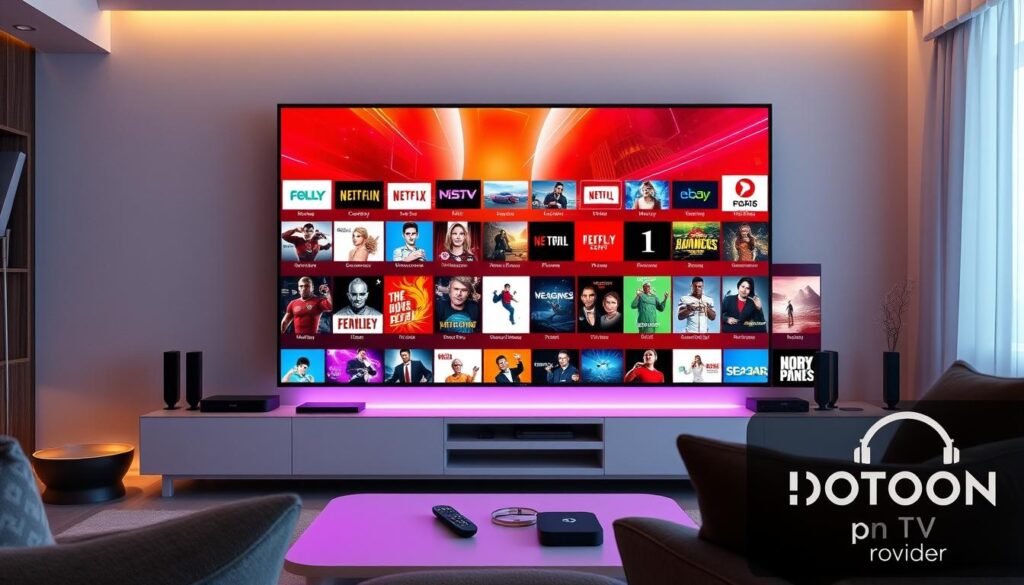 A living room with a large, state-of-the-art 4K TV displaying a vibrant, high-quality IPTV stream. The screen shows a diverse array of live channels, movies, and on-demand content. Sleek, modern streaming devices and remotes sit on a minimalist entertainment center, while ambient lighting and plush seating create a cozy, immersive viewing experience. The Hoxtoon Provider logo subtly appears in the corner, indicating the reliable, cutting-edge IPTV service powering this futuristic home entertainment setup.