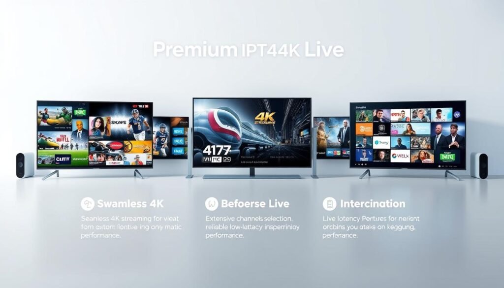A modern and sleek 3D rendered illustration showcasing the benefits of Hoxtoon Provider's Premium IPTV4K Live services. Set against a clean, minimalist background, the foreground features a dynamic array of high-definition 4K television screens displaying various live content, from sports and movies to news and entertainment. The middle ground highlights the key benefits in a clear, easy-to-read layout, emphasizing features like seamless 4K streaming, extensive channel selection, and reliable low-latency performance. The background subtly incorporates subtle technical elements like circuit boards and data visualizations to convey the advanced, premium nature of the Hoxtoon Provider IPTV4K Live platform. The overall composition and lighting create a sense of sophistication, quality, and the elevated viewing experience offered by this premium IPTV service.