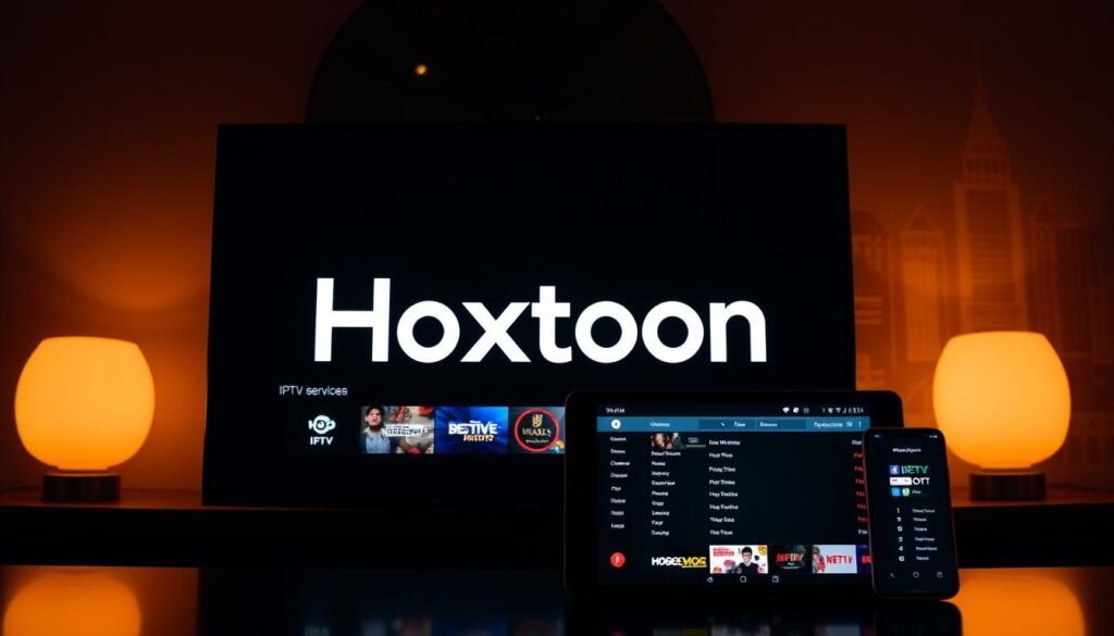 A modern and sleek 4K IPTV service interface displayed on multiple devices, including a smart TV, tablet, and smartphone. The Hoxtoon Provider logo prominently featured, conveying its dominance in the USA IPTV market. The scene is illuminated by warm, directional lighting, creating depth and a premium aesthetic. Streamlined menus and intuitive user controls are visible, emphasizing the service's ease of use and functionality. The background features a stylized cityscape or technology-inspired elements, establishing a contemporary and technologically advanced setting.
