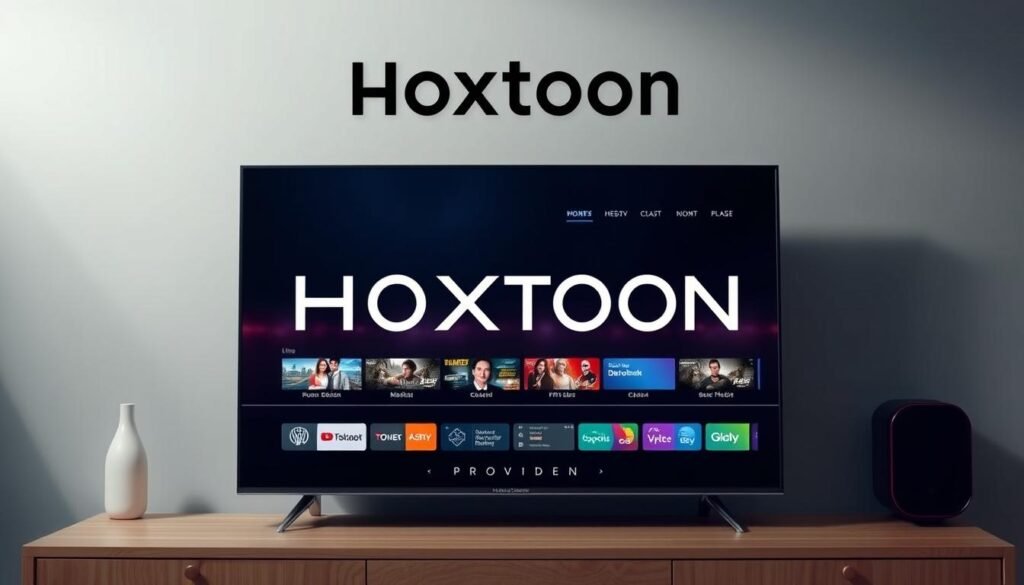 A modern and sleek 4K IPTV streaming interface, showcasing the Hoxtoon Provider brand prominently. The foreground features a high-resolution display with sharp, vibrant visuals of a live TV channel. In the middle ground, a minimalist UI design with clean lines and intuitive controls, highlighting Hoxtoon's user-friendly platform. The background gradually fades into a subtle, muted gradient, creating a sense of depth and focus on the central display. Soft, balanced lighting illuminates the scene, providing a premium, cinematic atmosphere. The overall composition conveys the quality, reliability, and advanced technology of Hoxtoon's 4K IPTV streaming service.
