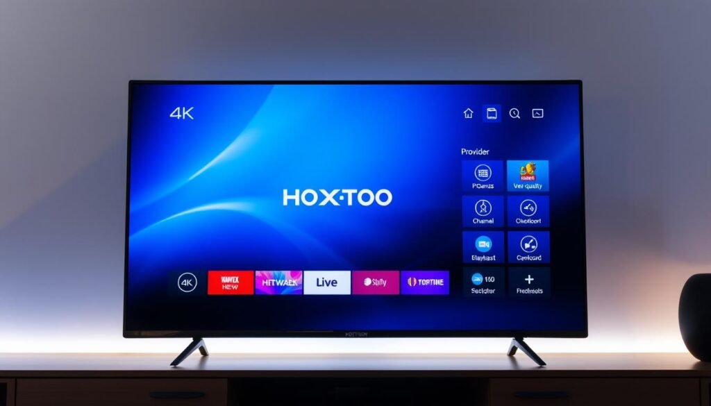 A modern and sleek IPTV provider interface, showcasing the Hoxtoon Provider brand. The foreground features a 4K-resolution television screen displaying a crisp, high-quality live broadcast. The middle ground depicts a minimalist and user-friendly on-screen menu, highlighting the channel selection and playback controls. The background incorporates abstract geometric shapes and gradients, conveying a sense of technological sophistication. The lighting is soft and diffused, creating a warm and inviting atmosphere. The overall composition emphasizes the ease of access and premium quality of the Hoxtoon IPTV service, aligning with the article's subject and section title.