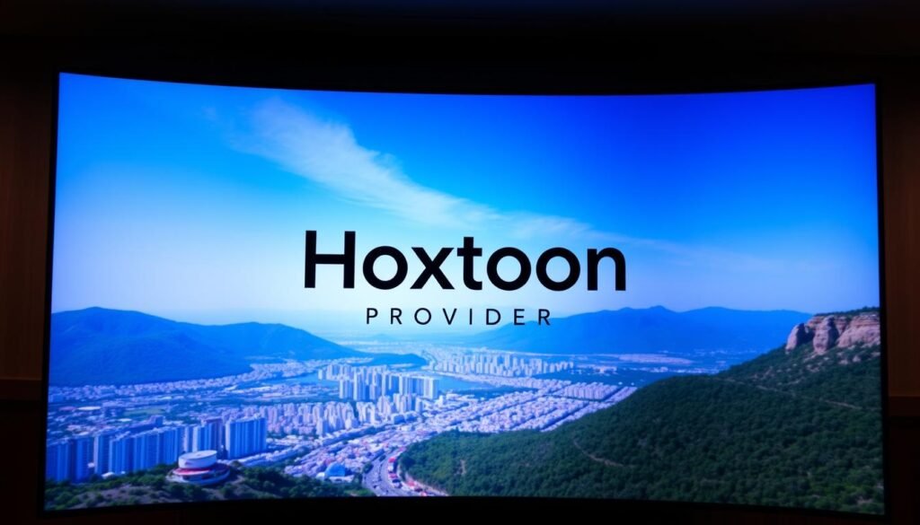 A modern and sleek IPTV service provider logo and branding for "Hoxtoon Provider". The logo is prominently displayed in the center, with a clean, minimalist design featuring the brand name in an elegant, sans-serif font. The background showcases a vibrant, high-definition 4K landscape, with crisp, clear imagery of a cityscape or skyline, conveying a sense of technological prowess and premium service. The lighting is natural and diffused, creating a warm, inviting atmosphere. The overall composition is well-balanced, with the logo complementing the background seamlessly, creating a visually striking and professional image that reflects the quality and reliability of the "Hoxtoon Provider" IPTV service.
