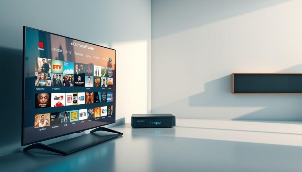 A modern, high-tech 4K live IPTV subscription service showcased in a sleek, minimalist setting. A crisp, futuristic display panel dominates the foreground, depicting a diverse array of live TV channels and on-demand content. In the middle ground, a compact, high-performance IPTV set-top box from the Hoxtoon Provider stands prominently, its LED indicators softly glowing. The background features a clean, monochromatic wall, casting a cool, professional ambiance. Subtle highlights and shadows accentuate the premium quality of the hardware and the service. Overall, the image conveys a sense of advanced technology, reliability, and a premium 4K live IPTV experience for the viewer.