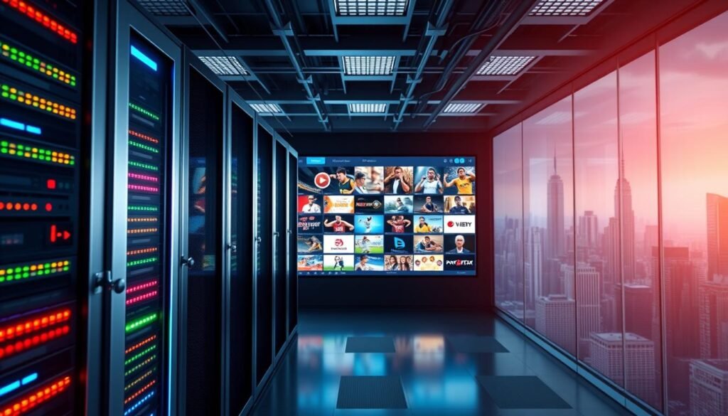 A modern, high-tech data center showcasing the power of USA IPTV4K Live Streaming. In the foreground, a sleek, silver server rack glows with vibrant LED lights, symbolizing the advanced infrastructure that powers the Hoxtoon Provider's live streaming services. The middle ground features a dynamic display showcasing a diverse selection of live channels, sports events, and on-demand content, all in stunning 4K resolution. The background depicts a cityscape of towering skyscrapers, representing the nationwide reach and accessibility of USA IPTV4K Live. Subtle lighting and dynamic camera angles convey a sense of progress, innovation, and the future of home entertainment.