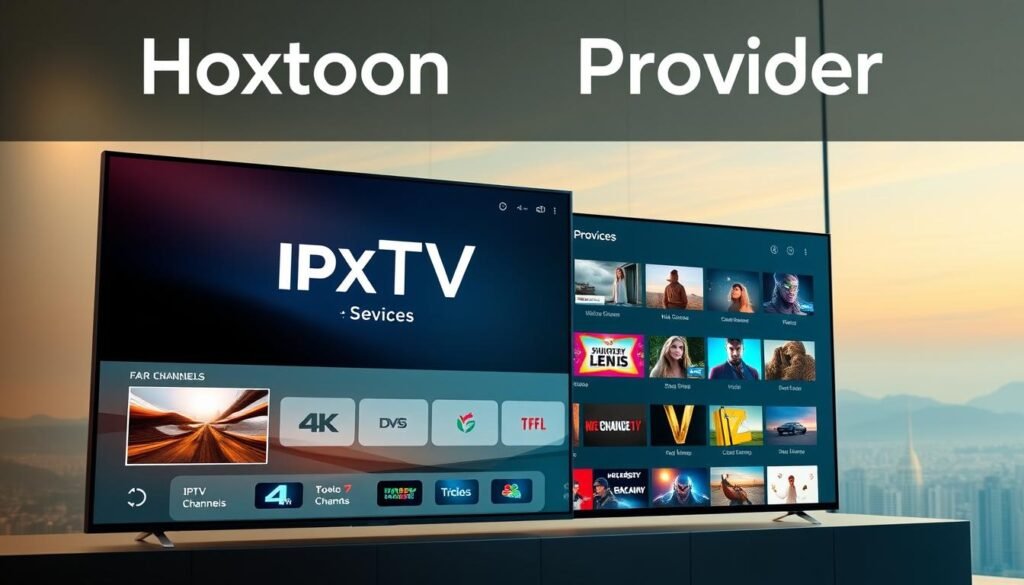 A modern high-tech interface featuring the "Hoxtoon Provider" brand name, showcasing a sleek, intuitive dashboard with various IPTV service options in 4K resolution. The foreground displays a large, vibrant 4K video player with a clean, minimalist design. The middle ground features a grid of neatly arranged channel icons, with fast-loading thumbnails and detailed information. The background subtly hints at a serene cityscape or a tranquil natural landscape, creating a sense of peace and relaxation. The lighting is soft and natural, with a warm color palette that enhances the premium feel of the service. The overall composition conveys a sense of professionalism, reliability, and a seamless user experience for the "Hoxtoon Provider" IPTV service.