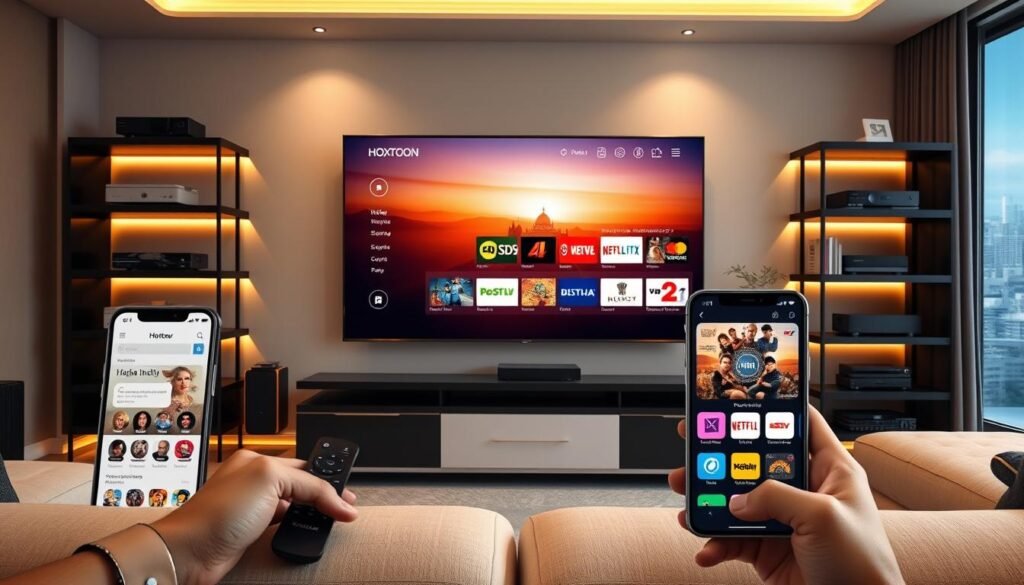 A modern, high-tech living room with a large 4K TV displaying the Hoxtoon Provider IPTV interface. The TV is surrounded by sleek, black entertainment center shelves stocked with streaming devices and cable boxes. Warm, diffused lighting illuminates the space, creating a cozy and inviting atmosphere. In the foreground, a stylish remote control and a smartphone with the Hoxtoon app open, showcasing the breadth of Indian IPTV channels available. The background features a cityscape visible through large windows, representing the global reach of this innovative IPTV service.