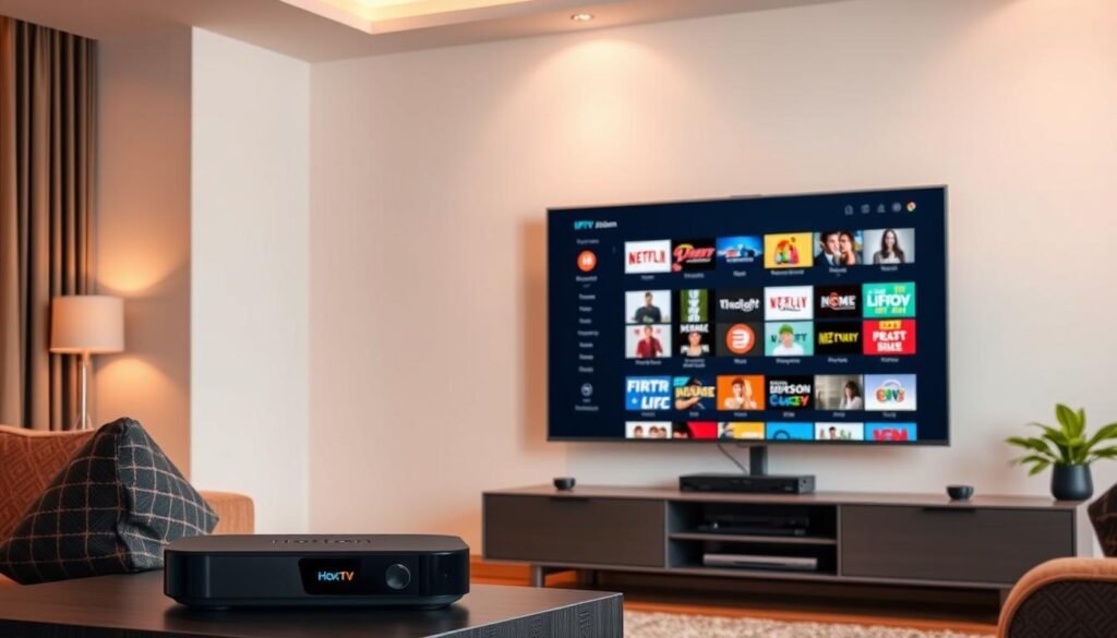 A modern living room interior with a large 4K television display prominently featured, showcasing a live IPTV streaming service. The room is well-lit, with warm, diffused lighting creating a cozy atmosphere. In the foreground, a sleek, minimalist media cabinet houses the IPTV streaming device, labeled "Hoxtoon Provider". The television screen displays a varied selection of 4K live channels, highlighting the service's affordability and high-quality content. The overall scene conveys a sense of comfort, convenience, and accessible, high-definition entertainment.