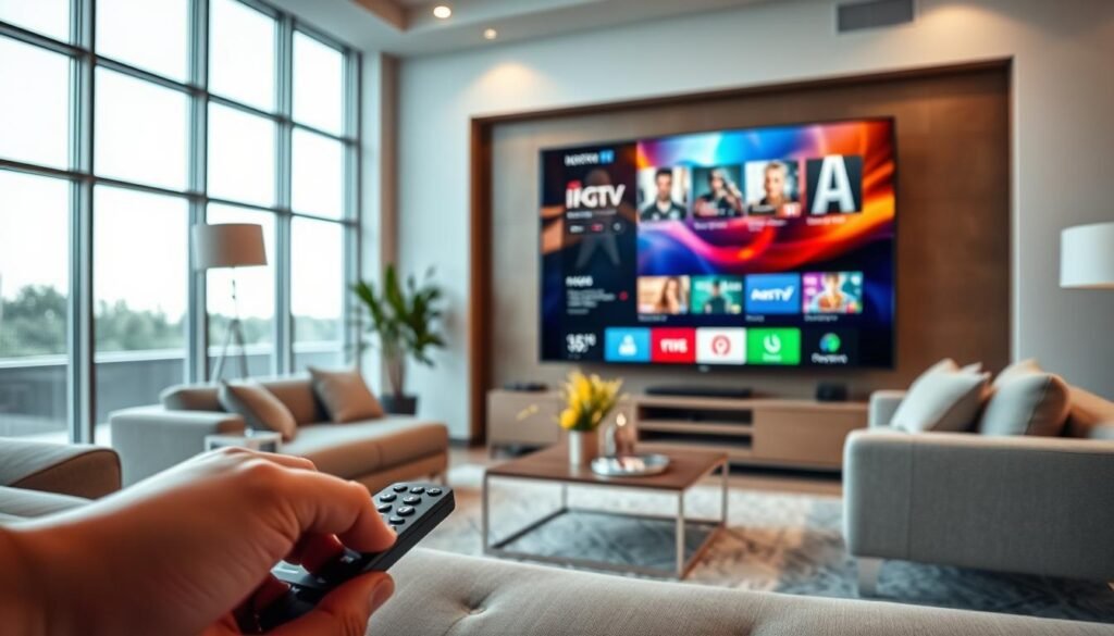 A modern living room with a large 4K television displaying a vibrant IPTV interface. In the foreground, a stylish remote control and a high-end streaming device, such as a Hoxtoon Provider set-top box, suggest the advanced technology powering the IPTV experience. The middle ground features a comfortable sofa and a coffee table, creating a cozy home entertainment setup. The background showcases large windows, allowing natural light to flood the space and enhance the sense of clarity and visual quality associated with IPTV services. The overall scene conveys a sense of luxury, convenience, and the seamless integration of cutting-edge technology into the domestic environment.