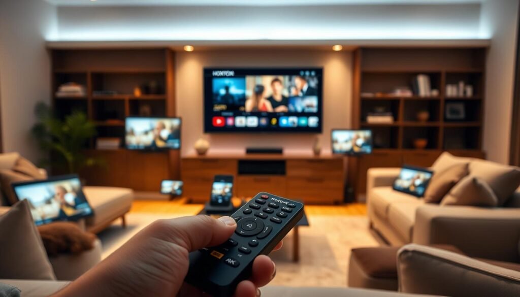 A modern living room with a large flat-screen TV mounted on the wall, surrounded by multiple electronic devices including a laptop, tablet, and smartphone all tuned to a IPTV4K streaming service. The room is bathed in warm, soft lighting, creating a cozy and inviting atmosphere. In the foreground, a Hoxtoon Provider remote control is prominently displayed, highlighting the ease of use and control over the IPTV4K experience. The overall scene conveys the flexibility and convenience of accessing high-quality 4K live content on a variety of devices in the comfort of one's own home.