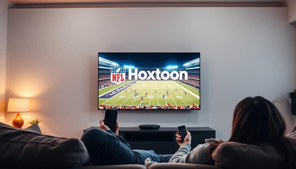 A modern living room with a large flat-screen TV mounted on the wall. Prominently displayed on the screen is the Hoxtoon Provider logo, signifying a sleek and cutting-edge IPTV service. In the foreground, a person is relaxing on a comfortable couch, holding a wireless remote and intently watching the live NFL game in vibrant 4K resolution. The lighting is warm and inviting, creating a cozy atmosphere. The background showcases a minimalist decor, emphasizing the focus on the immersive viewing experience. The overall scene conveys the convenience and high-quality entertainment of an IPTV subscription, offering a superior alternative to traditional cable TV for dedicated NFL fans.