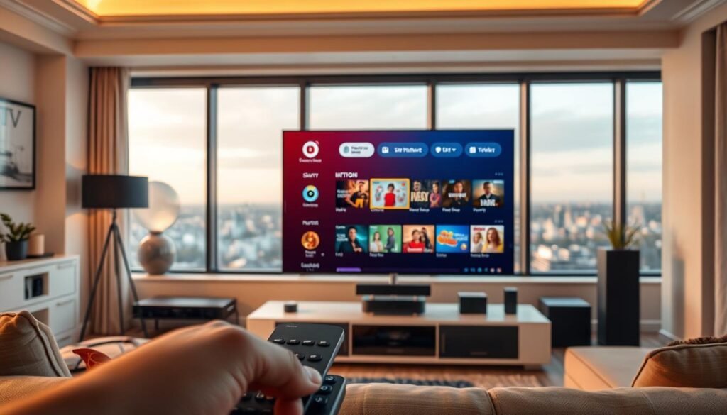 A modern living room with a large flat-screen television displaying the Hoxtoon Provider IPTV interface. The television is surrounded by various smart home devices, creating a seamless entertainment experience. The room is bathed in warm, soft lighting, creating a cozy and inviting atmosphere. In the foreground, a sleek remote control is visible, emphasizing the intuitive controls of the IPTV system. The middle ground showcases a selection of on-demand content options, reflecting the wide variety of entertainment choices available. The background features large windows overlooking a scenic cityscape, hinting at the boundless possibilities of the IPTV platform.