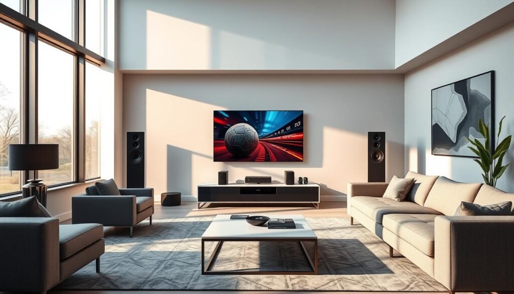 A modern living room with a sleek, minimalist design. The room is filled with natural light streaming through large windows, casting a warm, inviting glow. In the center of the room, a state-of-the-art 4K television is prominently displayed, showcasing the Hoxtoon Provider IPTV service. The television is surrounded by a high-end sound system, immersing the viewer in a captivating audio-visual experience. The walls are adorned with modern artwork, complementing the overall aesthetic. A comfortable couch and armchair invite the viewer to relax and enjoy the IPTV4K live services. The room conveys a sense of sophisticated technology seamlessly integrated into a stylish, contemporary living space.