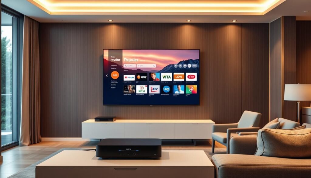 A modern living room with a sleek, wall-mounted 4K TV displaying the Hoxtoon Provider IPTV interface. The TV is surrounded by ambient mood lighting, creating a cozy and immersive viewing experience. In the foreground, a high-end streaming device sits on a minimalist media console, connected to the TV via HDMI. The middle ground features a plush, contemporary sofa and armchair, inviting viewers to relax and enjoy the vivid 4K livestream. The background showcases large windows, allowing natural light to filter in and enhance the overall atmosphere. The scene conveys a sense of comfort, technology, and seamless IPTV4K live streaming.