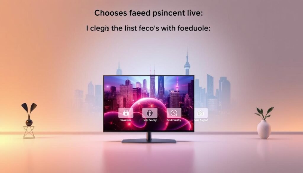 A modern, minimalist illustration showcasing the benefits of choosing a legal 4K live IPTV service from the Hoxtoon Provider. In the foreground, a sleek, high-tech 4K television displays vibrant, crystal-clear live content. The middle ground features various icons representing the key advantages: seamless streaming, robust security, extensive channel selection, and reliable customer support. The background depicts a sophisticated, futuristic cityscape, hinting at the technological advancements that enable this premium viewing experience. Soft, warm lighting and a clean, visually balanced composition convey a sense of professionalism, quality, and trustworthiness.