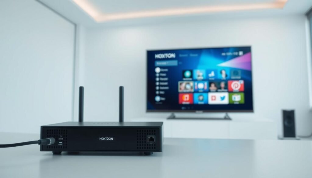 A modern, minimalist setup showing the essential components for a 4K IPTV system. In the foreground, a Hoxtoon Provider device and high-speed internet router, connected by cables. In the middle ground, a 4K smart TV displaying the IPTV interface. The background features a clean, well-lit room with large windows, conveying a sense of simplicity and professionalism. The lighting is soft and even, highlighting the sleek, high-tech aesthetic. The overall mood is one of efficiency and technological sophistication, reflecting the ease of setting up a 4K IPTV system.