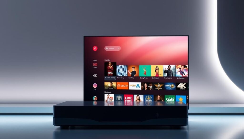 A modern, sleek Android TV device with the Hoxtoon Provider IPTV app prominently displayed on the screen. The device is set against a minimalist, futuristic background with muted colors and clean lines. Smooth camera movement reveals the device's intuitive interface, showcasing a diverse array of 4K live TV channels and on-demand content. Soft lighting casts an atmospheric glow, highlighting the device's premium design and the rich, vibrant imagery on the screen. The overall scene conveys a sense of seamless, immersive entertainment, reflecting the revolutionary potential of IPTV 4K live on Android TV.
