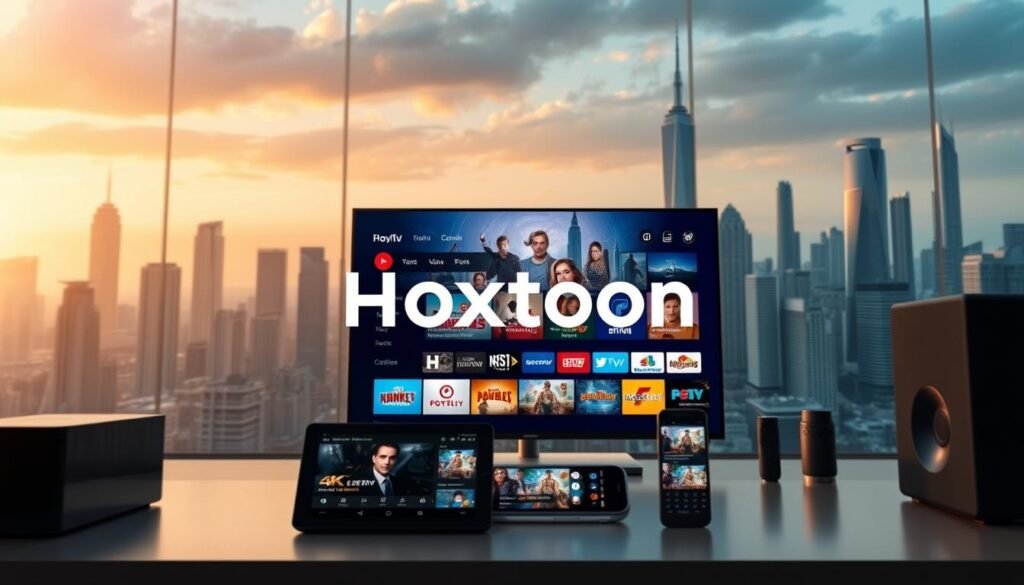 A modern, sleek IPTV service hub with a Hoxtoon Provider logo prominently displayed. The foreground features an array of streaming devices like smart TV, tablet, and smartphone, showcasing the versatility of the platform. The middle ground depicts a vibrant 4K IPTV interface with a diverse selection of live entertainment channels. The background features a futuristic cityscape with towering skyscrapers, hinting at the global reach and advanced technology powering the Hoxtoon IPTV service. The scene is lit by a warm, ambient glow, creating a sense of innovation and entertainment.