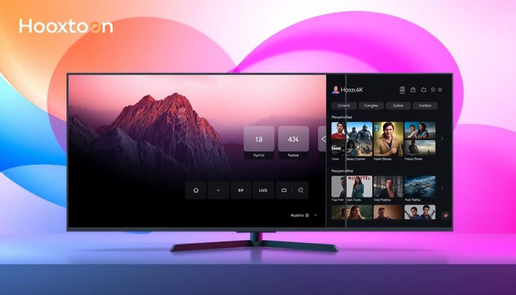 A modern, sleek IPTV4K streaming service interface showcasing the Hoxtoon Provider brand. In the foreground, a high-resolution video player dominates the screen, displaying crisp 4K content. The middle ground features a clean, minimalist dashboard with intuitive controls and a personalized content recommendation sidebar. The background subtly blends vibrant gradients and abstract shapes, creating a visually engaging and immersive atmosphere. The overall design exudes a sense of technological sophistication, seamlessly integrating form and function to deliver an exceptional IPTV4K viewing experience.