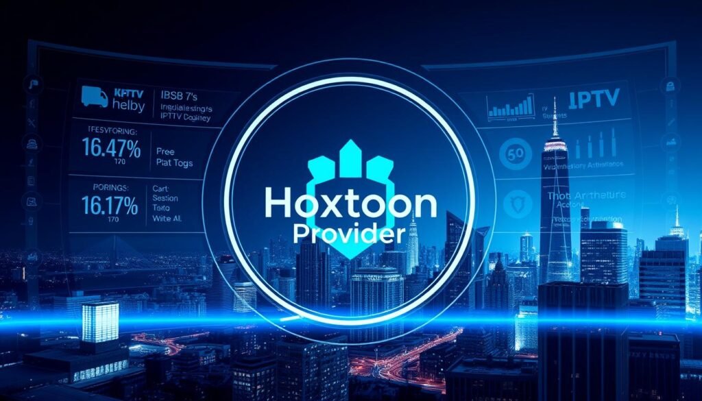 A modern, sleek logo for "Hoxtoon Provider" in the center of the frame, surrounded by a minimalist, high-tech interface displaying various IPTV service statistics and features. In the background, a city skyline with skyscrapers and a vibrant, digital cityscape. The entire scene is bathed in a cool, blue-toned lighting, creating a sense of sophistication and technological innovation. The composition should convey the idea of a premium, state-of-the-art IPTV service tailored for the modern viewer.