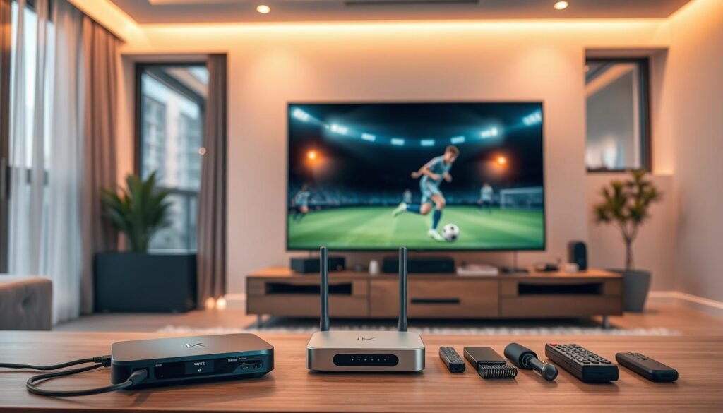 A modern, well-equipped home entertainment setup with a large 4K television, a sleek streaming box, and a powerful router. The scene is bathed in warm, ambient lighting, creating a cozy and inviting atmosphere. In the foreground, a Hoxtoon Provider device stands prominently, symbolizing the reliable internet connectivity required for seamless 4K soccer streaming. The middle ground features various cables, remotes, and other accessories, neatly organized, suggesting a well-designed and efficient setup. The background showcases a stylish, minimalist living room design, with large windows offering a glimpse of the outside world. The overall impression is one of a technologically advanced, yet visually appealing and comfortable home entertainment environment, perfectly suited for immersive 4K soccer viewing.
