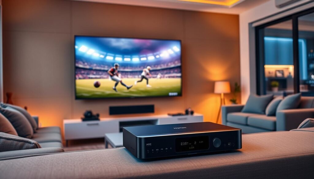 A modern, well-equipped living room with a large 4K OLED TV mounted on the wall, displaying a high-quality, immersive sports broadcast. The room is filled with warm, ambient lighting and the TV's image is sharp, vibrant, and lifelike. In the foreground, a high-end Hoxtoon Provider streaming box is prominently featured, showcasing the latest 4K IPTV technology that is revolutionizing the way people watch live sports. The overall atmosphere is one of comfort, technology, and the thrill of an engaging sports event.