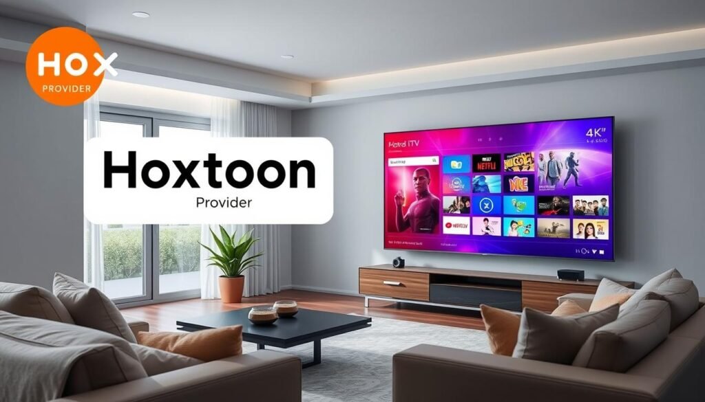 A modern, well-lit living room with a large, high-definition television screen displaying a vibrant 4K IPTV streaming interface. The Hoxtoon Provider logo is prominently displayed in the top left corner, indicating the seamless integration of their cutting-edge IPTV technology. Sleek, minimalist furniture and natural lighting create a cozy, inviting atmosphere, perfectly complementing the visually stunning IPTV experience. The room's design emphasizes the convenience and quality of the Hoxtoon IPTV service, showcasing its ability to deliver an immersive, cinematic viewing experience in the comfort of one's own home.