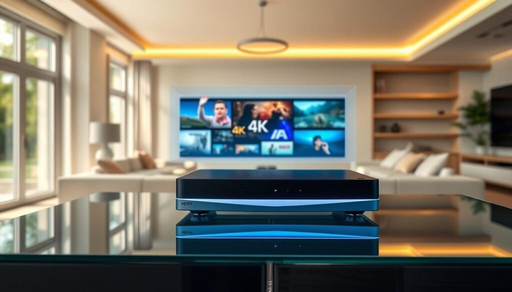 A photorealistic 4K IPTV technology illustration showcasing the Hoxtoon Provider. A sleek, modern digital set-top box with a sharp, minimalist design sits atop a glass table, casting subtle reflections. Behind it, a holographic interface displays vivid 4K video streams, highlighting the superior image quality and interactivity of the IPTV system. The background is an elegant living room with large windows, allowing natural light to pour in and create a warm, inviting atmosphere. The composition emphasizes the seamless integration of the Hoxtoon IPTV technology into the domestic environment, conveying its user-friendliness and advanced capabilities.
