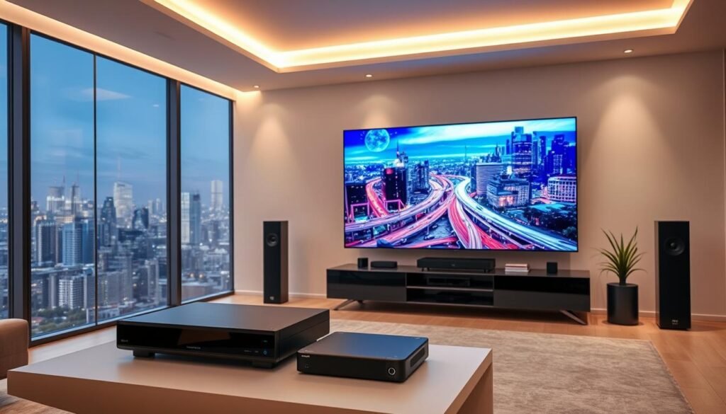 A pristine 4K IPTV streaming setup in a sleek, modern living room. The centerpiece is a large, high-definition television displaying vibrant, crystal-clear footage from the Hoxtoon Provider service. Soft, indirect lighting creates a cozy, relaxing atmosphere, while floor-to-ceiling windows offer a panoramic view of a bustling cityscape outside. In the foreground, a high-end streaming device sits atop a minimalist media console, connected to a state-of-the-art home theater sound system. The overall scene conveys the power, convenience, and immersive experience of Hoxtoon's 4K live IPTV streaming.