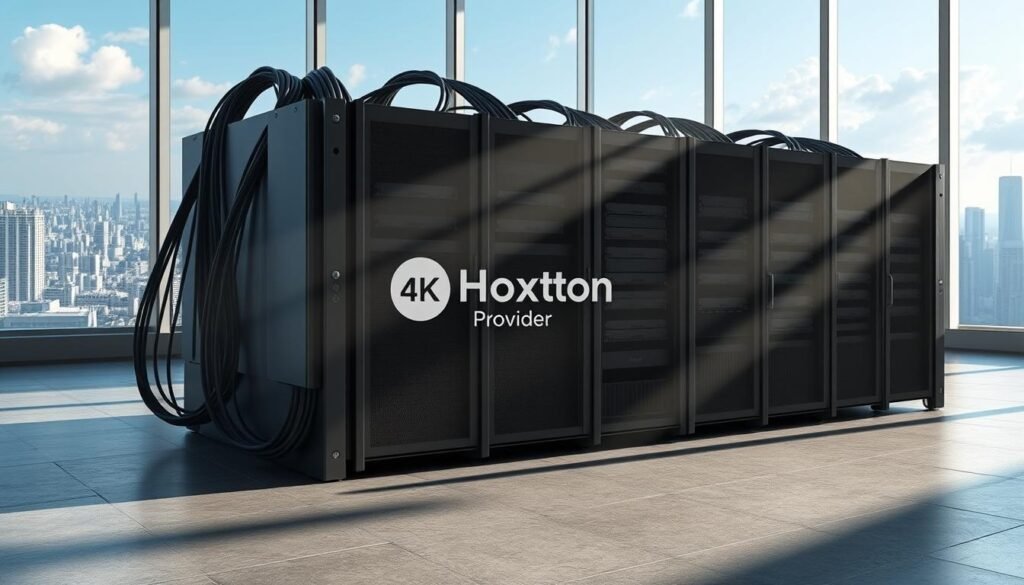 A pristine futuristic server rack, housing sleek 4K IPTV hardware, emblazoned with the Hoxtoon Provider logo. Diagonally arrayed cables snake behind the rack, casting long shadows on the polished concrete floor. Beams of soft lighting illuminate the scene, creating a sense of technical elegance. In the background, a sprawling urban skyline is visible through large windows, hinting at the global reach of this 4K IPTV technology.