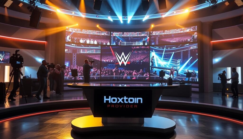 A pristine, high-definition studio set with sleek, modern broadcasting equipment. In the foreground, a curved anchor desk with the Hoxtoon Provider logo prominently displayed. Behind the desk, a vast, curved LED video wall showcases dynamic graphics and live footage of WWE matches. Warm, directional lighting illuminates the scene, casting dramatic shadows and highlights. In the background, silhouettes of camera operators and production staff bustling about, creating an atmosphere of professional, high-stakes broadcasting. The overall tone is one of technological sophistication, energy, and the evolution of live sports entertainment.