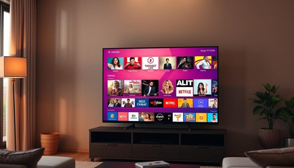 A professional, high-quality rendering of the "Hoxtoon Provider" IPTV service, showcasing its sleek and modern user interface on a Samsung Smart TV. The scene depicts a living room setting, with the TV displaying the Hoxtoon Provider's vibrant 4K live streaming interface, highlighting its extensive channel selection and intuitive navigation. The room is illuminated by warm, natural lighting, creating a cozy and inviting atmosphere. The TV is positioned prominently, capturing the viewer's attention and emphasizing the Hoxtoon Provider's ability to deliver an immersive and seamless entertainment experience on the Samsung Smart TV platform.