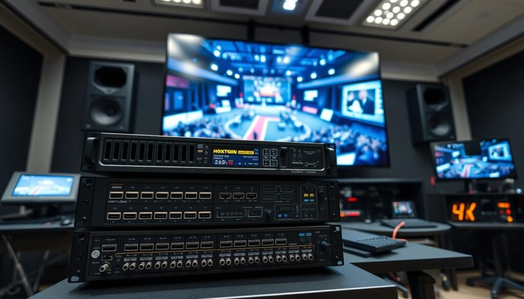A professional studio setup with high-end IPTV broadcasting equipment. In the foreground, a Hoxtoon Provider rack-mounted system with multiple HDMI inputs, encoders, and video processors. Behind it, a large 4K display showcasing a live event feed. The lighting is crisp and evenly distributed, with soft shadows and highlights accentuating the technical details. The camera angle is slightly elevated, providing an authoritative, bird's-eye view of the setup. The overall atmosphere is one of technological sophistication and reliable performance, suitable for powering high-quality IPTV4K live event streaming.