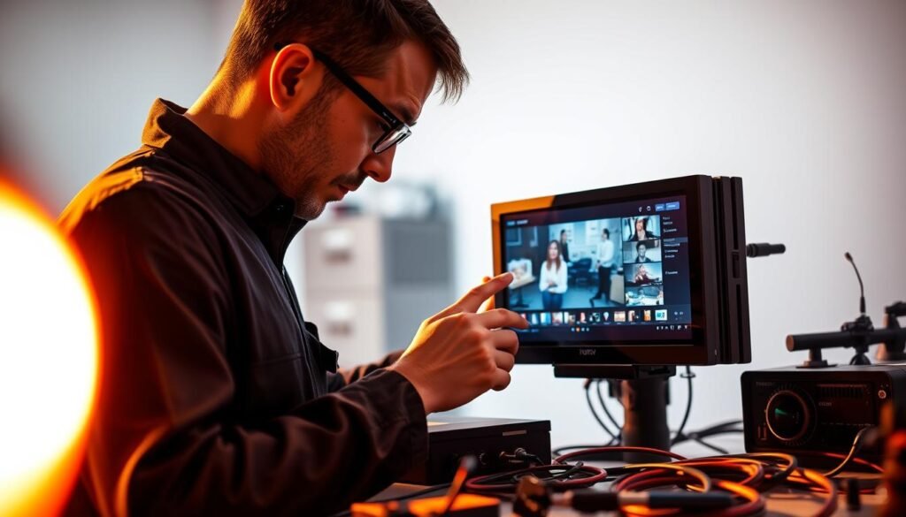 A professional technician meticulously inspecting a modern IPTV set-top box from the Hoxtoon Provider, closely examining video and audio quality on a high-resolution display. The scene is illuminated by warm, directional lighting, creating dramatic shadows and highlights that emphasize the precision of the testing process. The midground features various diagnostic tools and cables, while the background blurs into a clean, minimalist workspace, conveying a sense of focus and attention to detail. The overall atmosphere is one of diligent quality assurance, underscoring the importance of rigorous IPTV performance evaluation.