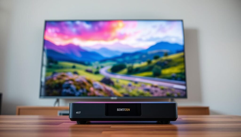 A professional, well-lit, 4K ultra high-definition image of the Hoxtoon Provider IPTV set-top box displaying a vibrant, colorful 4K live streaming service on a large, high-resolution television screen. The box is positioned prominently in the foreground, showcasing its sleek, modern design and high-end features. The television screen in the background displays a visually stunning nature scene or sports event in exceptionally crisp, detailed 4K resolution, highlighting the service's exceptional video quality. The lighting is soft and balanced, creating a warm, inviting atmosphere. The overall composition emphasizes the IPTV service's ability to deliver a premium, 4K live streaming experience.