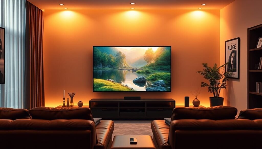 A serene 4K home theater setup, bathed in warm, ambient lighting. A sleek, modern TV displays a vibrant, high-resolution nature scene, powered by the Hoxtoon Provider streaming service. Comfortable leather seating invites viewers to immerse themselves in the vivid, lifelike visuals. Subtle, elegant home decor elements frame the scene, creating a cozy, sophisticated atmosphere. The space exudes a sense of technological advancement and premium entertainment experience.