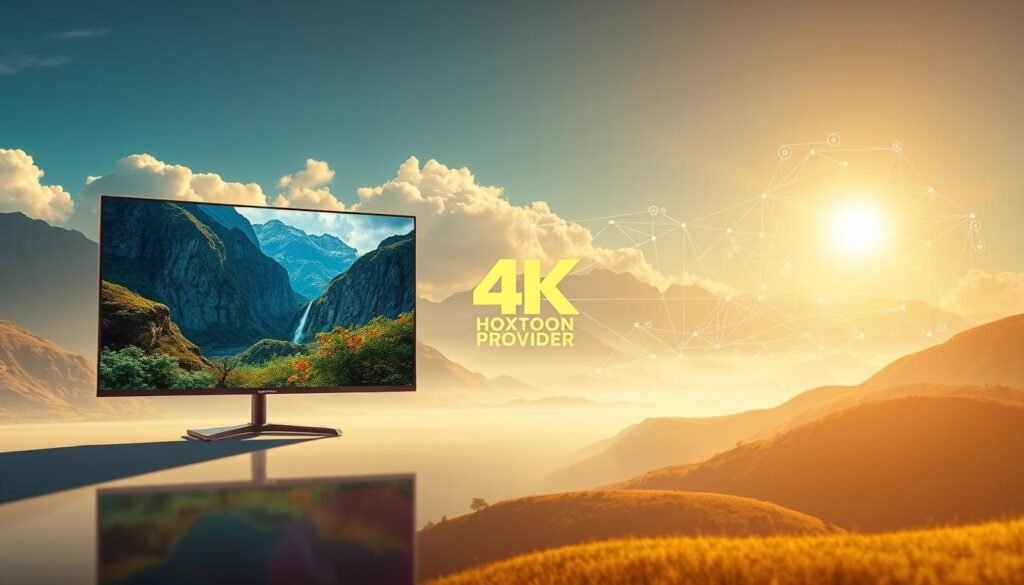 A serene and expansive digital landscape depicting the power of 4K IPTV resolution. In the foreground, a high-definition television screen showcases vibrant, lifelike imagery with exceptional detail and clarity. The middle ground features the Hoxtoon Provider logo, symbolizing the cutting-edge technology that enables seamless 4K streaming. In the background, a network of interconnected devices and servers communicate flawlessly, harnessing the full potential of the 4K IPTV experience. The scene is illuminated by a warm, natural light, creating a sense of depth and immersion. The overall atmosphere conveys the boundless entertainment and unparalleled visual quality that 4K IPTV can deliver.